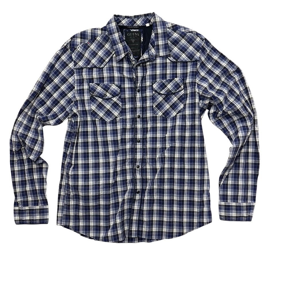 GUESS Plaid Long Sleeve Button Down Shirt‎ Blue White Black Western Style XL Y2K
